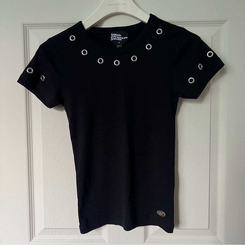 Black Short Sleeve Tee with Silver Eyelet Detail